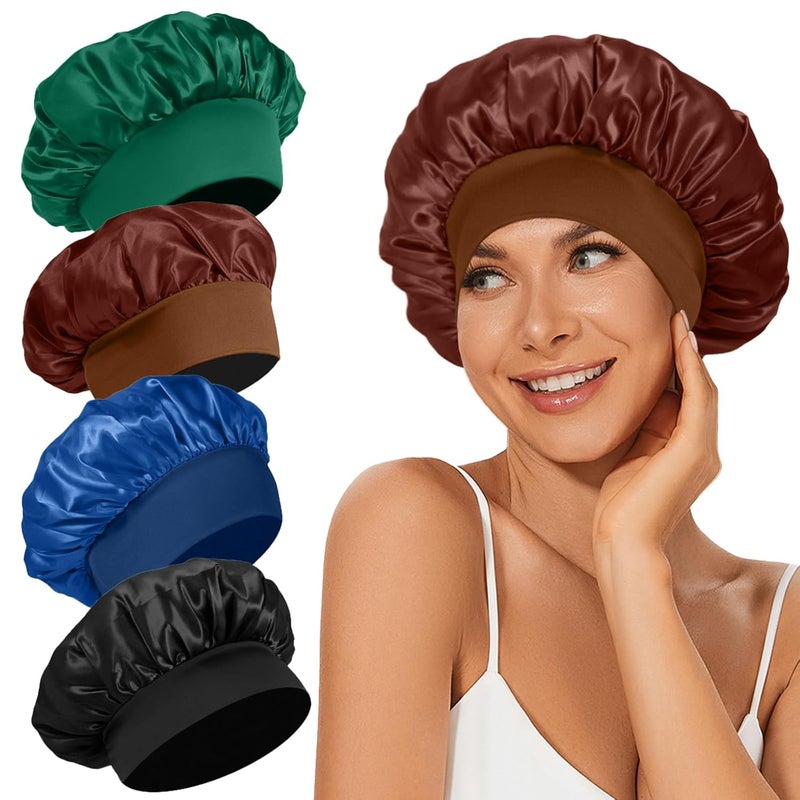 LEADUWAY 4Pcs Satin Bonnet Silk Bonnet, Hair Bonnet for Sleeping, Elastic Wide Band Silk Sleep Cap, Soft and Breathable(Black Blue Green Brown) - Image 1